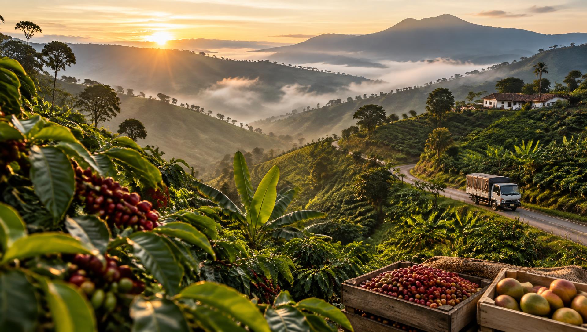 Cultivos de café y fruta en el campo colombiano al amanecer